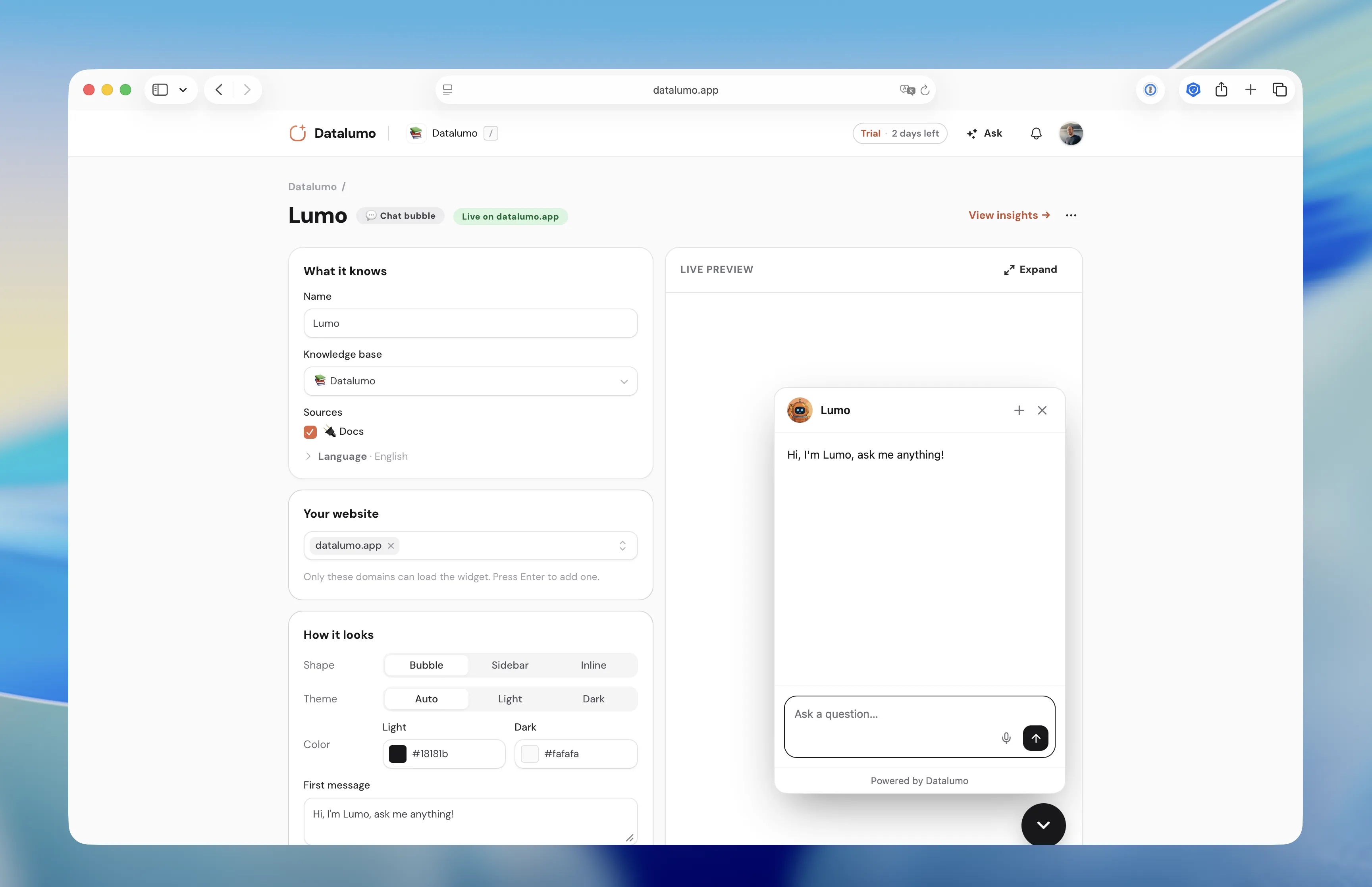 Screenshot of the widget page