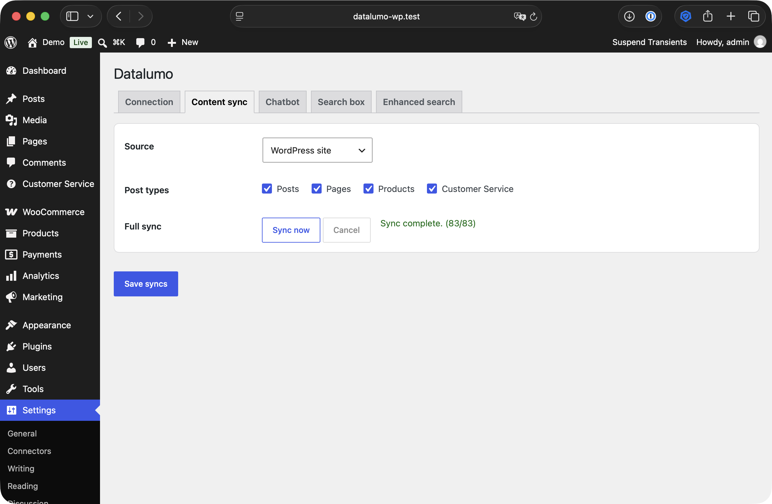 Datalumo in WordPress: Settings, content sync, pick a source and post types.